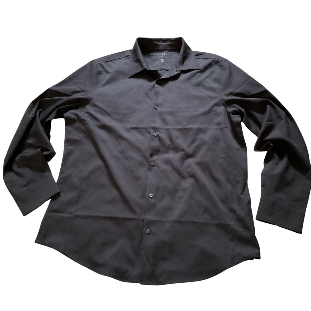 Perry Ellis Mens Large Black Stretch Long Sleeve‎ Button Down Dress Shirt L/G